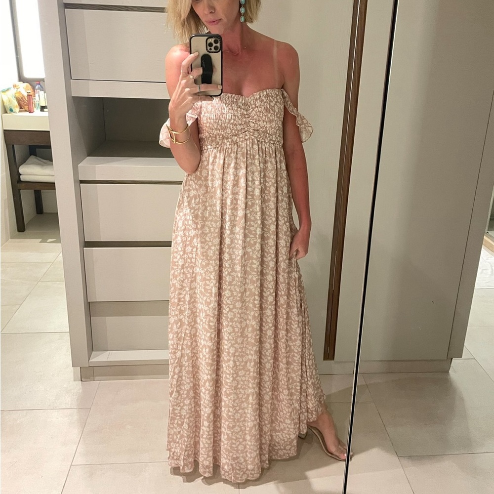 Aakaa Tan Floral Off the Shoulder Maxi Dress